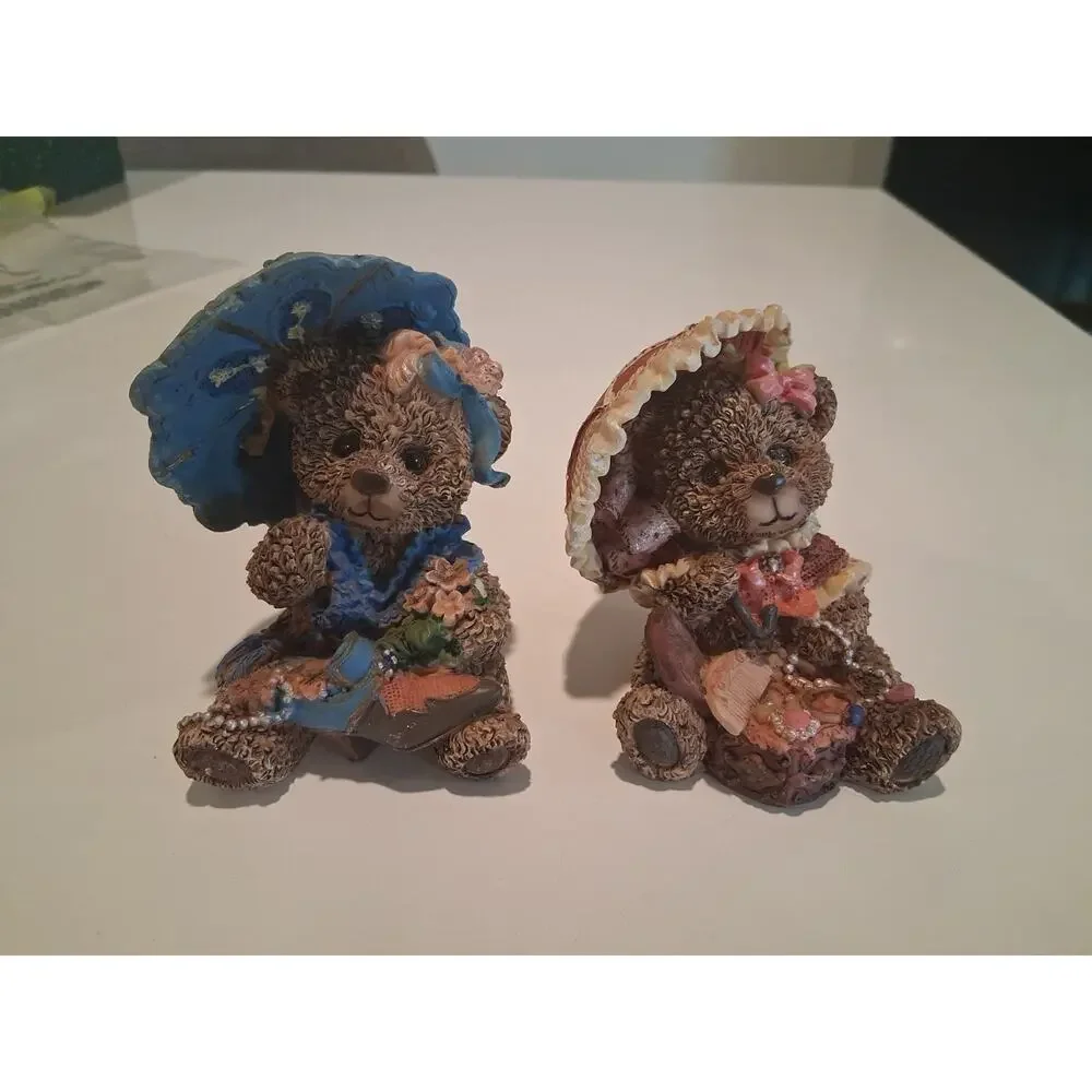 Vintage Resin Teddy Bear Figurines Lot Of 2 Dressed Girl Bears Hats Umbrella